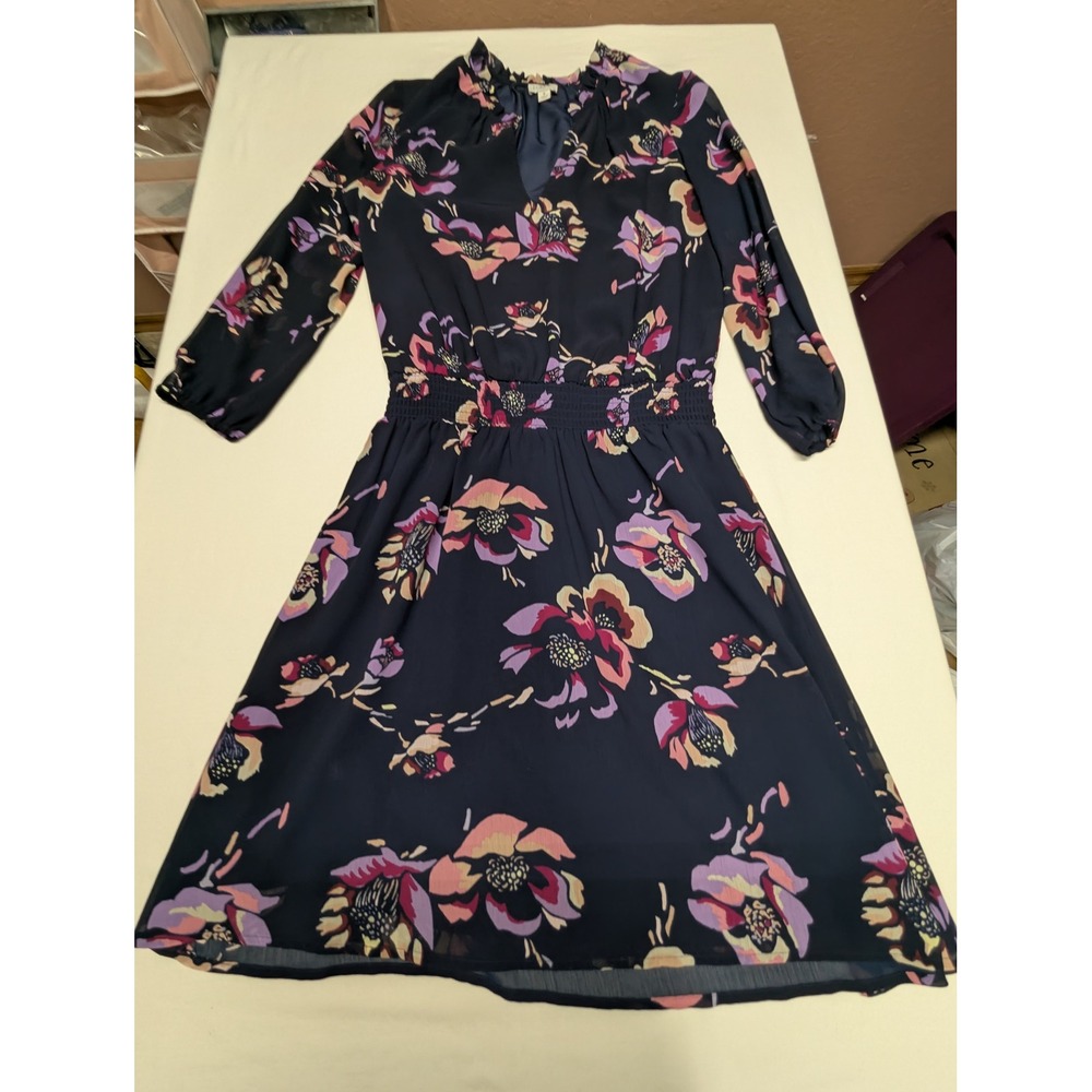 J.Crew Navy Floral Chiffon Smocked Waist Ruffle Neck Midi Dress Womens S